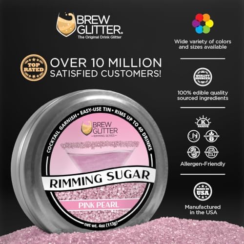 Brew Glitter - Pink Rimming Sugar (4oz, 1x Bar Tin) Cocktail Garnish for Mixed Drinks & Refreshments