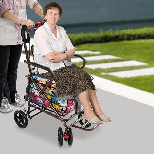 Foldable Rollator Walker with Seat Lightweight Shopping Cart for Seniors Portable Grocery Cart with Large Basket 18.9x15.75in (Floral Fabric)