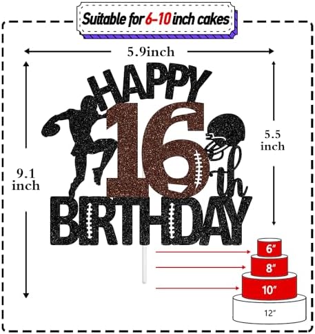 Tivurcia American Football Happy 16th Birthday Cake Topper, Glitter Touchdown Football Sports Theme 16 Years Old Birthday Party Decorations Supplies for Boy