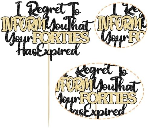 Ephlyn 1Pcs Happy 50th Birthday Cake Topper Black Gold Glitter I Regret to Inform You That Your Forties Has Expired Cake Pick Cheers to 50 Years Cake Decorations for Funny 50th Birthday Party Supplies