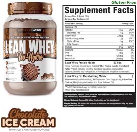 MuscleSport Lean Whey Revolution™ Protein Powder - Whey Protein Isolate - Low Calorie, Low Carb, Low Fat, Incredible Flavors - 25g protein per scoop - 2lb Chocolate Ice Cream