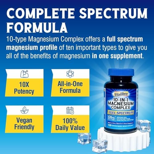 10 in 1 Magnesium Complex, 420mg Elemental Magnesium | Ultra Strength, Max Absorption | Chelated Magnesium Supplement for Nerves, Bone & Heart Health | Non-GMO, 120 Vegan Capsules