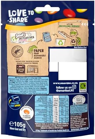 Smarties Milk Chocolate Sharing Bag 105g (Pack of 8)