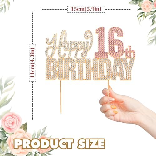 Happy 16th Birthday Gold & Pink Rhinestone Cake Topper - Cheers to 16 Years Old Sixteen Bday Metal Sparkly Cake Centerpieces Topper Decorations Sign.