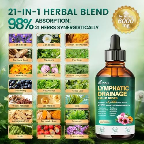 21-in-1 Lymphatic Drainage Drops for Liposomal, 6000mg Immune & Lymph System Support Supplement for Women & Men with Echinacea, Dandelion, Burdock, Bromelain, Calendula, Turmeric & More, 2 FL OZ