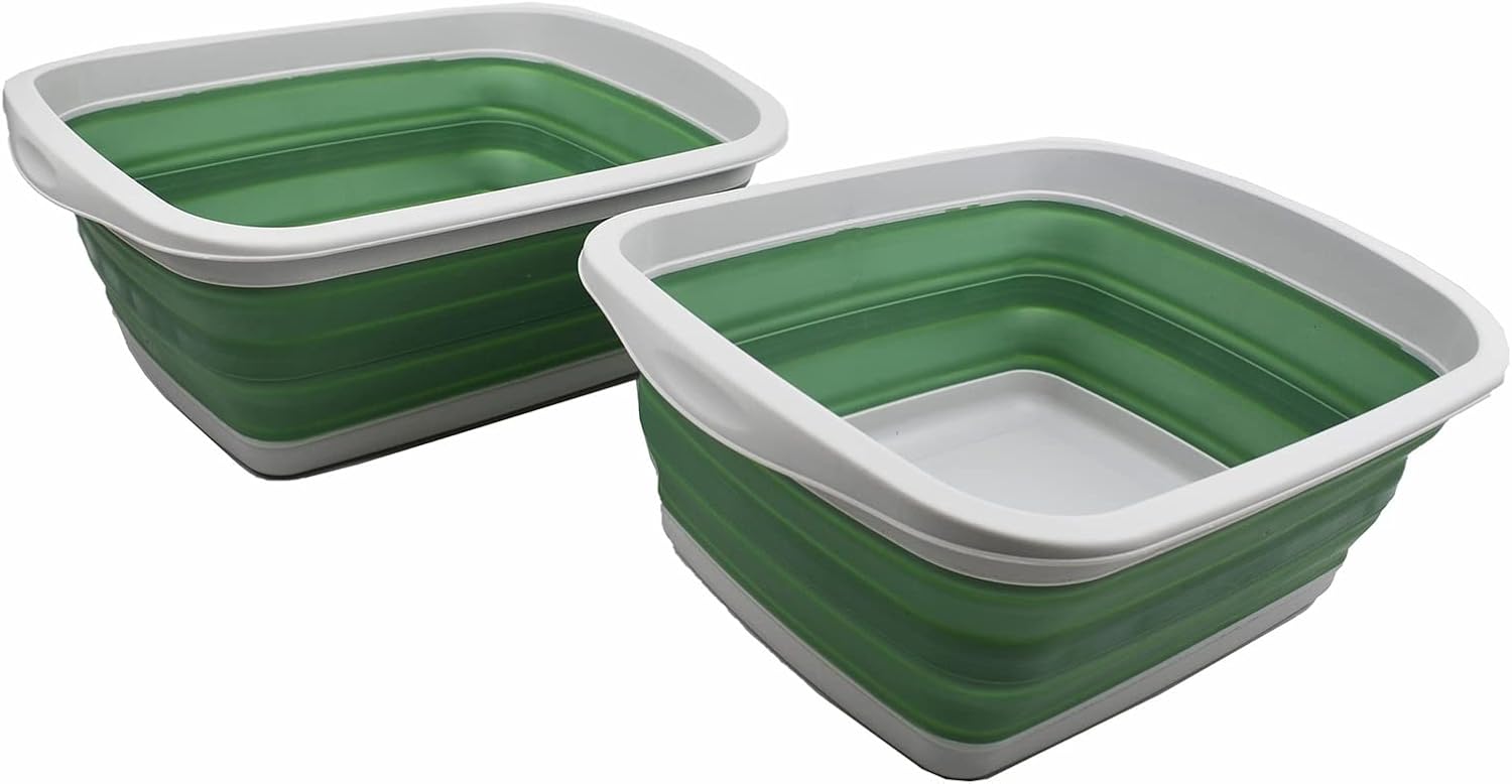 SAMMART 10L (2.6 gallons) Collapsible Plastic Washing Tub-Foldable Tub-Portable Washing Basin/Washtub-Space Saving Outdoor Pop up (Grey/Dark Sea Green (Set of 2))