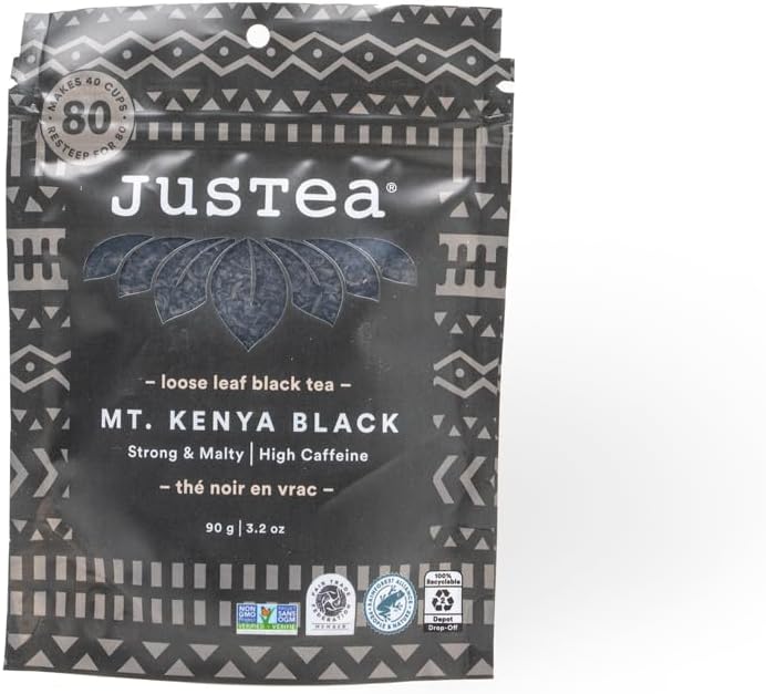 JusTea MT. KENYA BLACK | Loose Leaf Black Tea | Recyclable Refill Pouch | 40+ Cups (3.2oz) | High Caffeine | Award-Winning | Fair Trade | Non-GMO