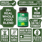 Peak Performance Raw Whole Food Natural Vitamin C Capsules from Acerola Cherry for Max Absorption. Vegan USA Sourced Vitamin C Supplement 90 Pills. 500 mg Serving or 2 Servings 1000mg