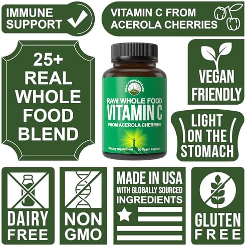 Peak Performance Raw Whole Food Natural Vitamin C Capsules from Acerola Cherry for Max Absorption. Vegan USA Sourced Vitamin C Supplement 90 Pills. 500 mg Serving or 2 Servings 1000mg