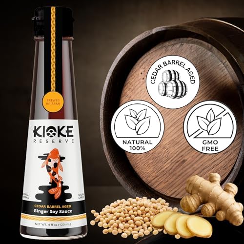 Kioke Reserve Ginger Soy Sauce | Small Batch Cedar Barrel Aged in Japan | All-Natural Non-GMO Shoyu with Fresh Ginger Flavor | Traditional Japanese Soy Sauce for Marinades, Sushi & Stir Fry (4 oz)