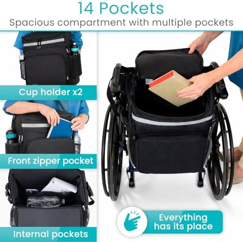 Vive XL Wheelchair Backpack for Seniors - Wheel Chair Bag for Storage & Accessories, Basket Organizer for Adults, Pouch to Hang on Scooters, Waterproof - Largest Wheelchair Storage Available