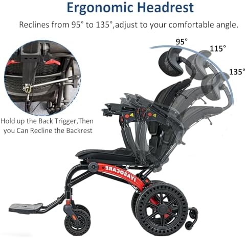 Lightweight Foldable Reclining Wheelchair Ergonimic Transport Chair for Adult Senior with Flip-Up Arm,Park & Brake Anti-Tipper,UP to 330lbs, All Terrain Aluminum Alloy Mobility Aid Reclines 95 to 135°