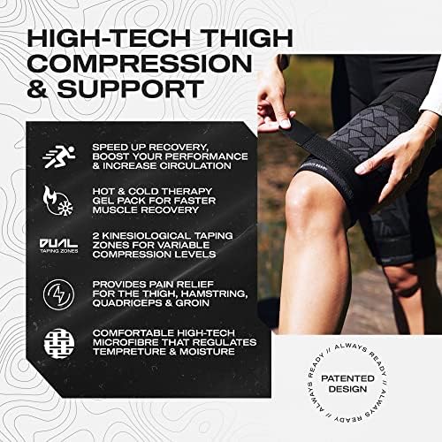 Always Ready, Thigh Compression Support Sleeve (2 Per Pack) with Hot & Cold Gel Pack for Hamstring & Quadricep Muscle Strains & Injury, Men & Women, Two Adjustable Compression Straps, Non-Slip (S)