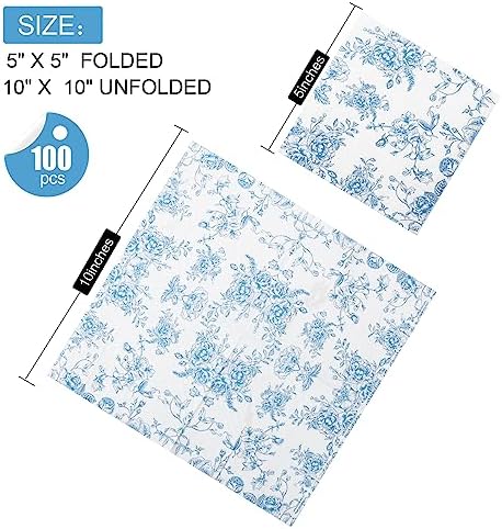 100 Pack Blue Floral Cocktail Napkins, Guest Hand Towels Disposable for Bathroom, Blue Floral Paper Napkins for Bridal and Baby Shower, Tea Party, Garden Party, Birthday Party