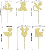 Gyufise 36Pcs Oh Baby Cupcake Toppers Glitter Bear Pacifier Baby Carriage Cupcake Picks Gender Reveal Cake Decorations for Kids Birthday Party Supplies Gold