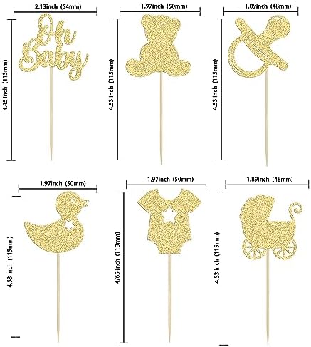 Gyufise 36Pcs Oh Baby Cupcake Toppers Glitter Bear Pacifier Baby Carriage Cupcake Picks Gender Reveal Cake Decorations for Kids Birthday Party Supplies Gold