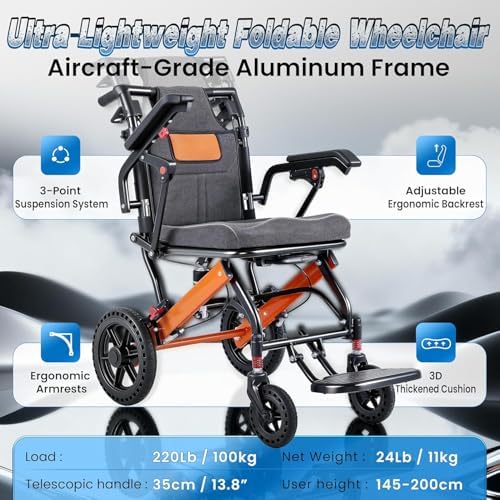 Super Lightweight Portable Transit Travel Wheelchair, Upgraded Folding Transport Wheelchairs (Weight 24lbs) for Adults and Seniors, Come with Telescopic Handle and Travel Bag
