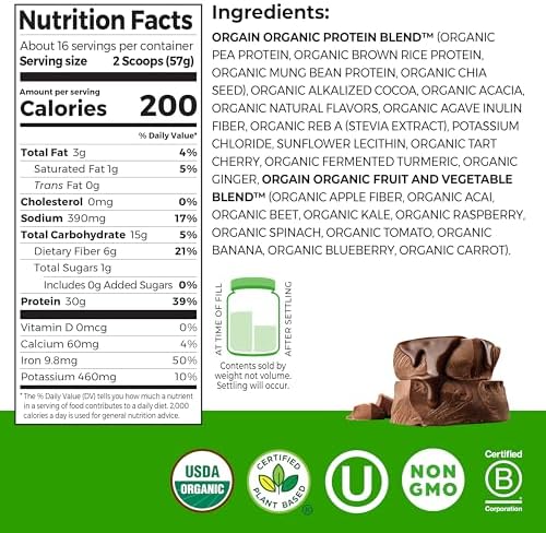 Orgain Organic 30g Vegan Protein Powder, Chocolate 9g EAAs + BCAAs, Plant Protein, 6g Prebiotic + Fiber, 1g Sugar, Pre-Workout, Muscle Support + Recovery - 2.01lb (Packaging May Vary)