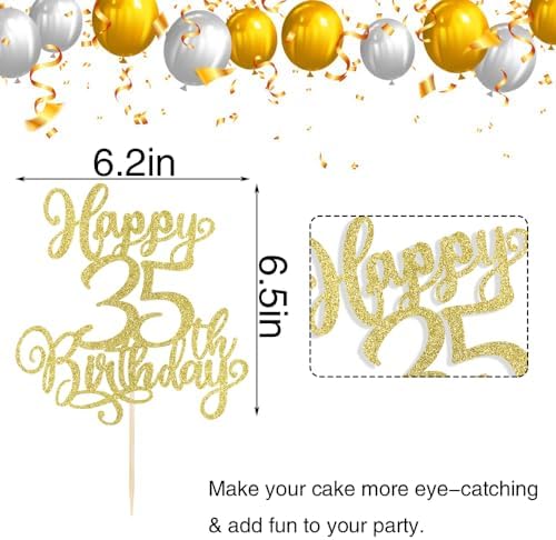 PALASASA 1 PCS Happy 35th Birthday Cake Topper-Gold Glitter Cheers to 35 Years Birthday Cake Pick 35 Fabulous Cake Decoration,Happy 35th Birthday/Anniversary Party Cake Decorations (Gold 35th)