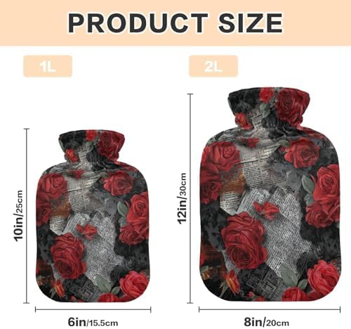 Newspapers Red Roses Art Retro hot Waterbottle with Soft Cover, 1L Water Bottle Bag for Neck Shoulder Warmer
