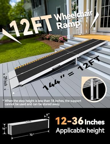 FACHNUO 12 Feet Wheelchair Ramp with Support Legs, Folded Aluminum Handicap Ramps, Portable Detachable Wheel Chair Ramp for Home Steps, Stairs, Entry, Threshold, Doorways, 800LBS Capacity