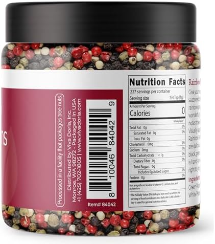Viva Doria Rainbow Blend Peppercorn, Steam Sterilized Whole Black Pepper, Whole Green Pepper, Whole Pink Pepper, Whole White Pepper, 8 Oz, For Grinder Refills