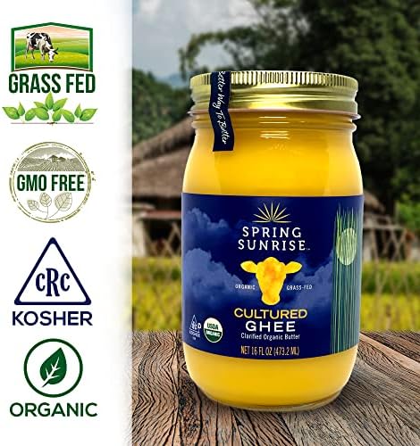Spring Sunrise Grass Fed Organic Cultured Ghee - USDA Certified Clarified Butter - Keto & Paleo Friendly, Non-GMO, Gluten & Lactose Free Cooking Oil - Sustainably Sourced, 16 oz Jar