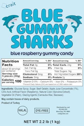 Gummy Sharks Bulk Bag Dye Free Candy, Halal Gummies Fruit Flavored Gummy Sharks 2.2 Pounds