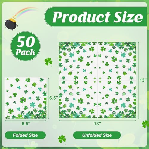 50Pcs St. Patrick's Day Shamrock Napkins, 6.5" X 6.5" Green Lucky Clover Disposable Paper Napkins Irish-Themed Birthday Party Supplies, Paper Saint Patricks Day Decorations for St. Paddy's Day Decor