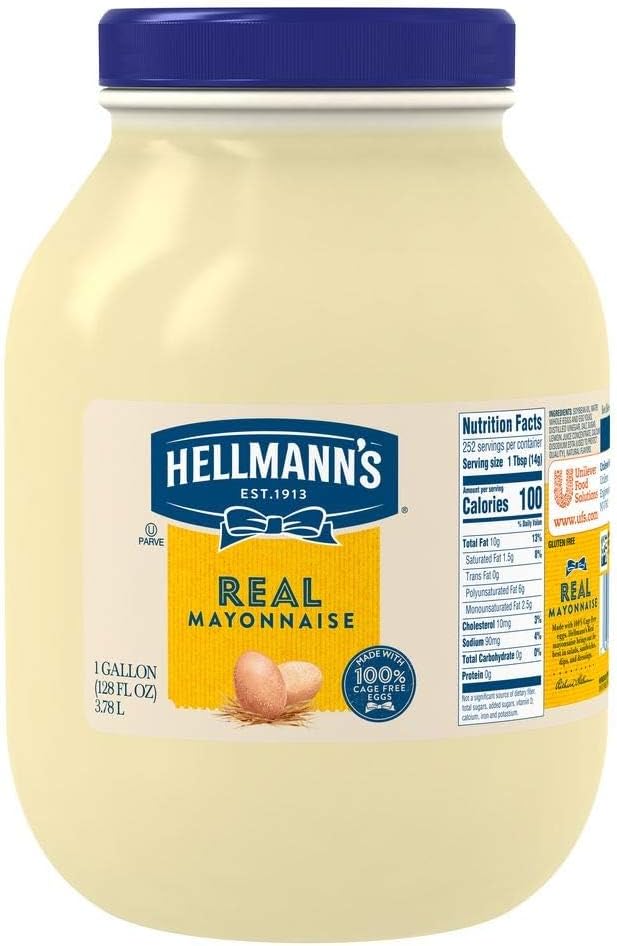 Hellmann's Real Mayonnaise Jar, Condiment for Sandwiches, Salads, Mayo Made with 100% Cage Free Eggs, Gluten Free, Vegetarian, Kosher, 1 Gallon, 128 oz (Pack of 1)