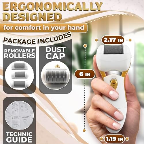 Electric Callus Remover for Feet – Electric Foot Filer with 3 Replacement Rollers & 360° Rotating Head – Hard Skin Remover for Feet with Ergonomic Handle for Easy Grip & Control in Home Pedicure