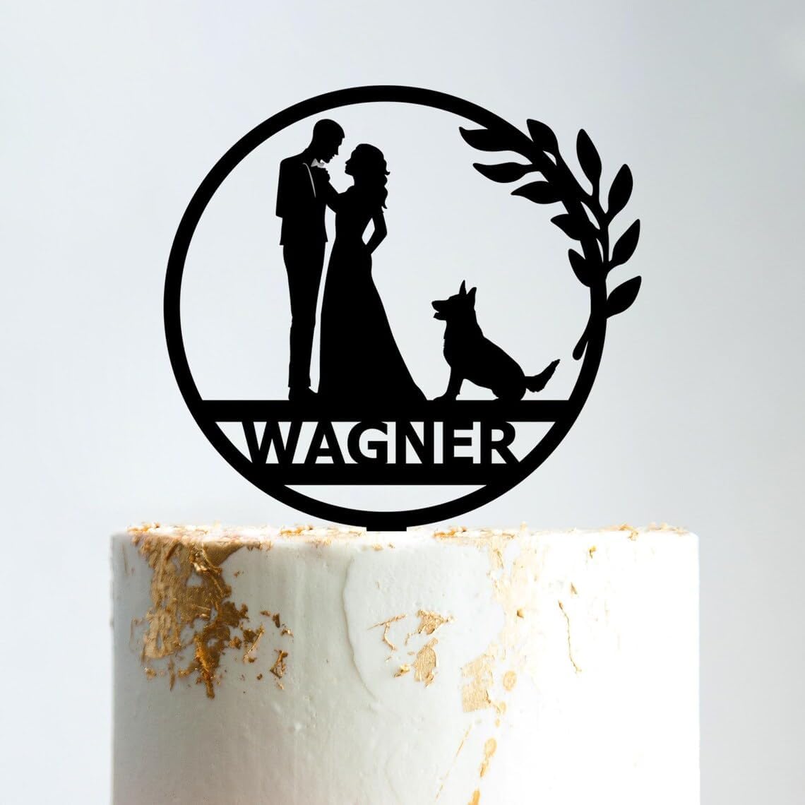 Floral Cake Topper With German Shepherd Bride And Groom Silhouette Wreath Personalized Topper Acrylic Dog Decoration Unique Couple Celebration Accessories Wedding Gift Decor