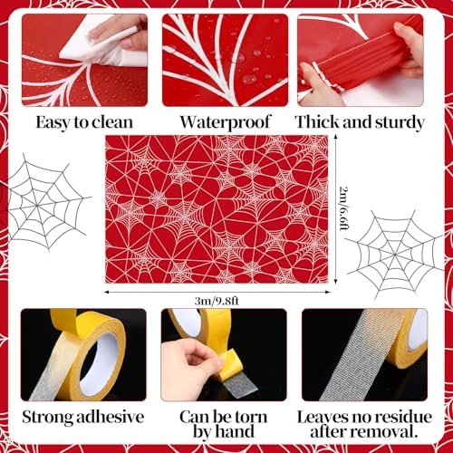 Spider Party Decorations Red Spiderweb Floor Covering Large Spider Birthday Decorations with Double Sided Tape Waterproof Spiderweb Birthday Supply Photo Booth Party Backdrop, 9.8 x 6.5ft