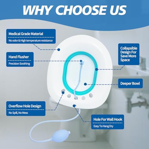 Sitz Bath for Postpartum Care and Hemorrhoids, Sitz Bath for Toilet Seat, Foldable Sitz Bath with Flusher, Deeper and Wilder, Suitable for Any Toilet Seat