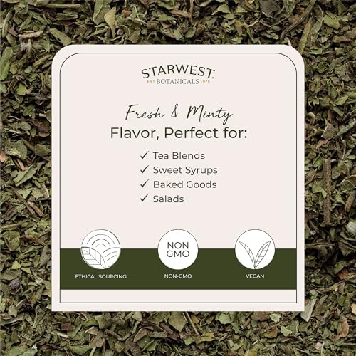 Starwest Botanicals Organic Peppermint Leaves Cut & Sifted - Dried Loose Leaf Herb for Tea, Herbal Blends, Baking, & Cooking, Caffeine Free, Sourced from Egypt, Certified Kosher, Non-GMO - 4 oz Pouch
