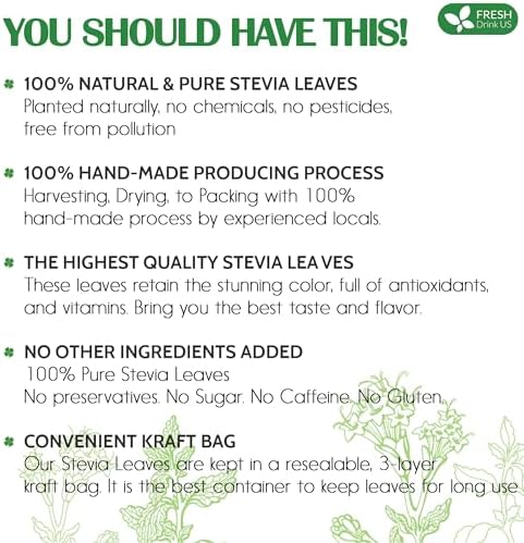 FreshDrinkUS, Premium 300+ Natural Stevia Leaves, Whole Dried Leaves, 100% Pure Stevia Dried Leaves, Zero Calorie Sweetener, No Additives, No Caffeine, Vegan