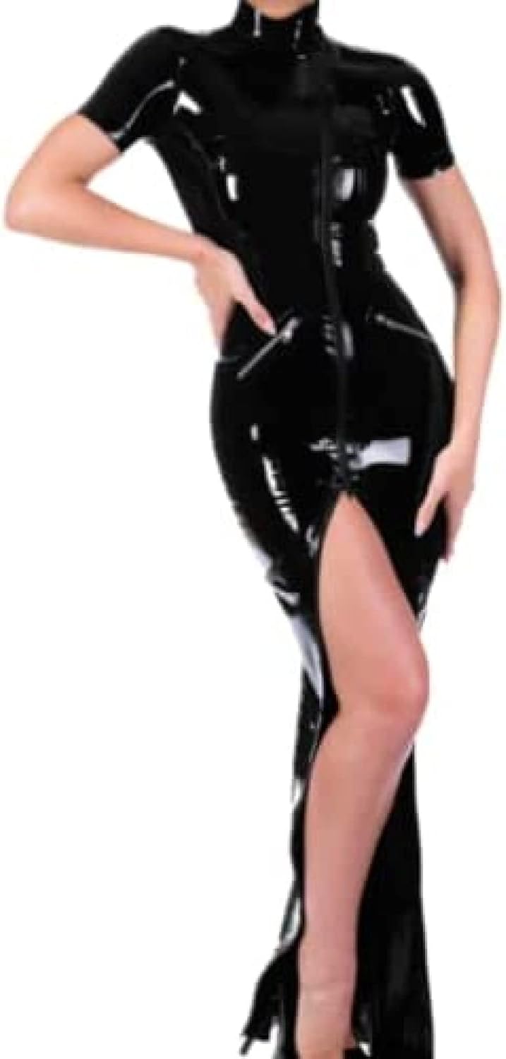 Latex Rubber Cosplay Sexy Dress Black Long Zip Bodycon Dress 0.4 Mm S-XXL Black,Black,L