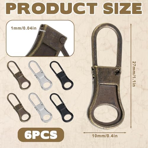 6 Pcs Zipper Pulls Replacement Detachable Zipper Head Zippers Repair Kit Zippers Pull Tabs Extender for Jackets Pants Coat Suitcase Backpack(Black Bronze Silver)