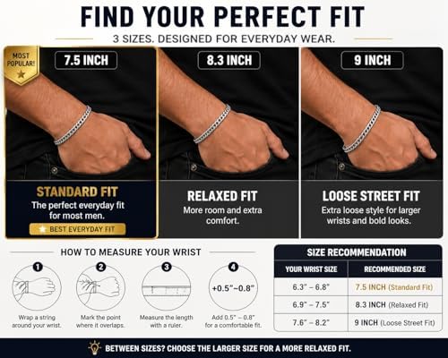 Stainless Steel Bracelets for Men, Gold/Silver Mens Chain Bracelet 7.5/8.3/9 Inches Mens Stainless Steel Cuban Link Bracelets Set 3Pcs (Include Card)