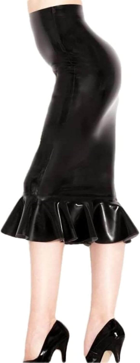 Black Sexy Long Latex Skirts with Ruffles Without Zipper Rubber Bottoms,Black,M