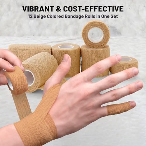 Self Adherent Cohesive Tape - (Pack of 12) 1” 2" 3" x 5 Yards, (Light Tan) Self Adhesive Bandage Rolls & Sports Athletic Wrap for Ankle, Wrist, Sprains