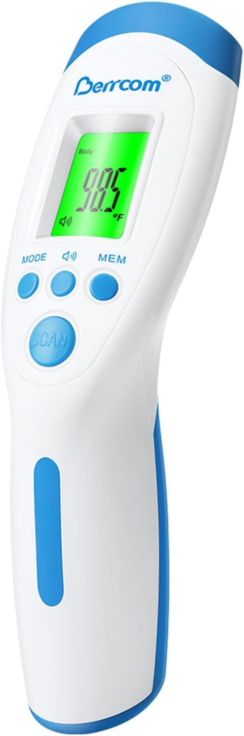 Berrcom Non-Contact Infrared Forehead Thermometer for Adults and Kids, 3-in-1 Digital Fever Thermometers with LCD Display and Fever Alert, Contactless Temperature Reader