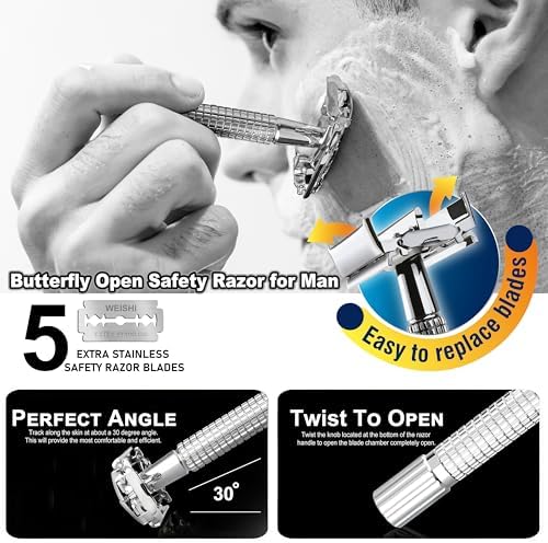 WEISHI Butterfly Open Double Edge Safety Razor for Men, Chrome Long Handle with 5 Stainless Razor Blades Included, Reusable Wet Shave Tool for Smooth, Close Shave