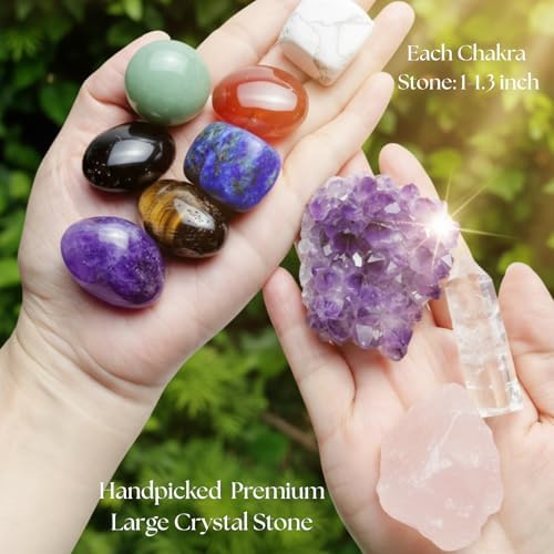 Large Premium Crystals and Healing Stones in Wooden Gift Box + Velvet Pouch + 7 Chakra Tumbled Gemstones+Info Guide, Amethyst Cluster，Rose Quartz ，Quartz Crystal Point