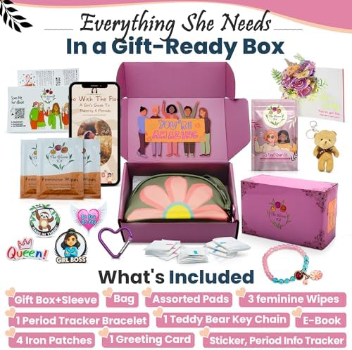 The Bloom First Period Kit for Girls 9-10-12-14 for School, Menstrual Starter Kit Gifts for Teens Girls Includes Sanitary Napkin Storage Bag, Pads, Wipes, Ebook, Period Tracker, Green (30-PC)