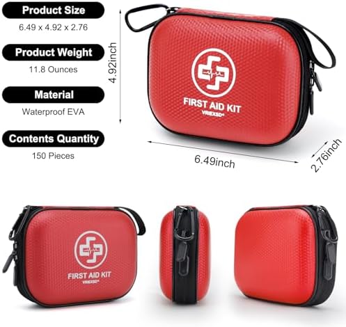 Mini First Aid Kit - 150 Piece Small Waterproof Hard Shell Medical Kit for Home, Car, Travel, Camping, Truck, Hiking, Sports, Office, Vehicle & Outdoor Emergencies- Small First Aid Medical Kit (Red)
