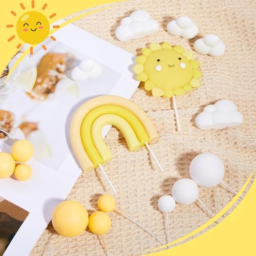 CroBlissful 23 Pcs Sun Cake Toppers Soft Pottery with Sun Flower Smile Face Clouds Rainbow and Balls Cake Decorations for Sunshine Birthday Wedding Party Supplies