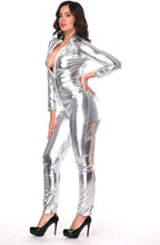 6XL Size Wome's Zipper Faux Leather Catsuit Clubwear DS Latex Women with Gloves Fancy Costume Jumpsuit,Silver,4XL
