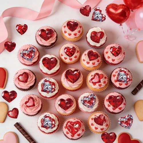 56PCS Edible Crystal Heart Cupcake Toppers Wafer Paper Red Diamond Heart Cupcake Picks Be Mine Cake Decor for Valentine's Day Theme Engagement Party Decoration Supplies
