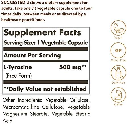 Solgar L-Tyrosine 500 mg, 100 Vegetable Capsules - Brain & Nervous System Support - Vegan, Gluten Free, Dairy Free, Kosher - 100 Servings,Standard Packaging